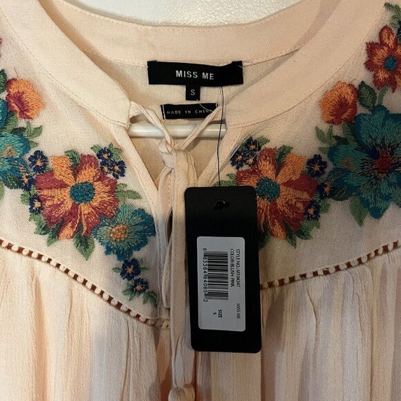 MISS ME women's pink embroidered floral tank top S lined tassels cottagecore - Picture 5 of 10